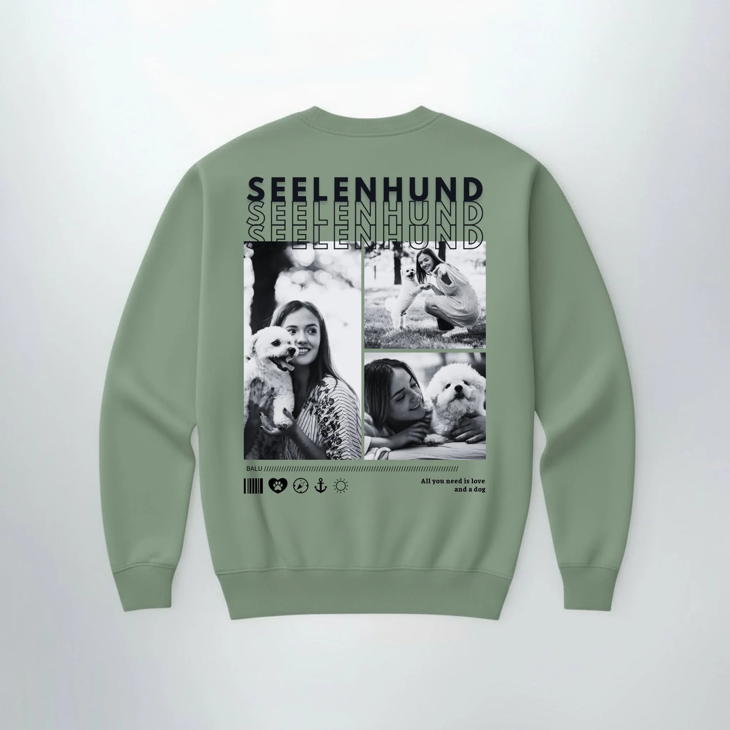 Personalisierter Sweater "Seelenhund" - backprint mit Fotos von Haustierbesitzern, ideal als einzigartiges Geschenk.
