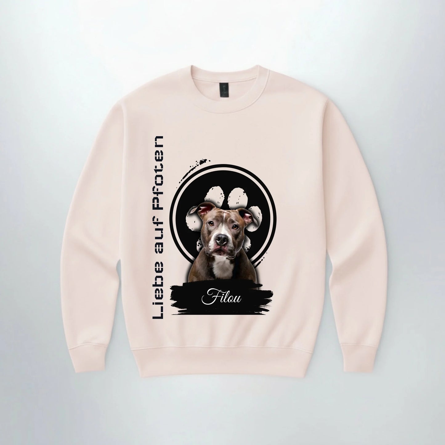 Personalisierter Sweater "Liebe auf Pfoten" mit Hundebild, perfekt für Haustierbesitzer als einzigartiges Geschenk.