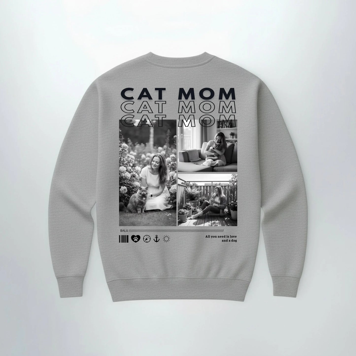 Grauer Sweater CAT MOM, Rueckansicht mit Backprint
