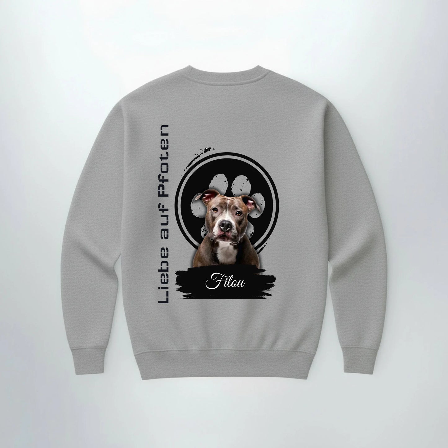 Grauer Sweater Liebe auf Pfoten, Rueckansicht mit Backprint
