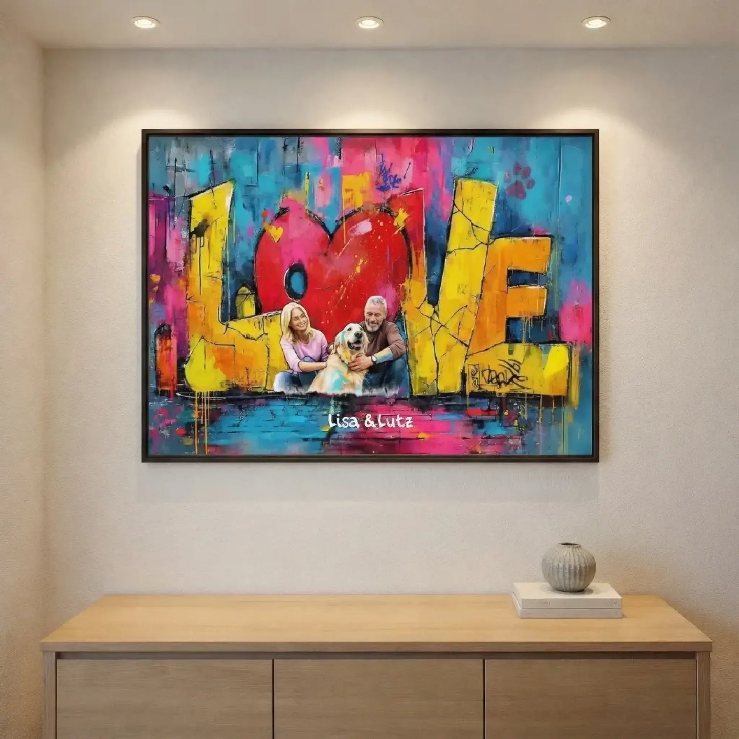 Personalisiertes Poster - "Love" mit farbenfrohem Design und persönlichem Foto, ideal für Hundeliebhaber.