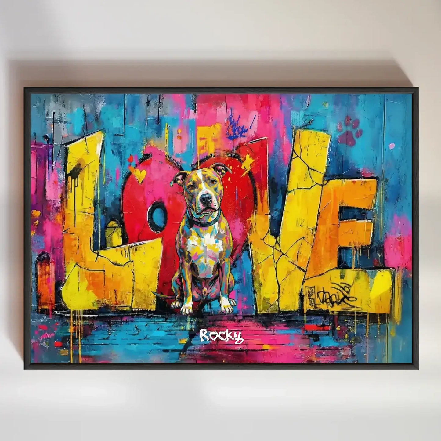 Personalisiertes Poster - "Love" mit einem bunten Hundeporträt und strahlenden Farben im Hintergrund.