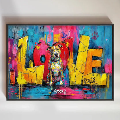 Personalisiertes Poster - "Love" mit einem bunten Hundeporträt und strahlenden Farben im Hintergrund.