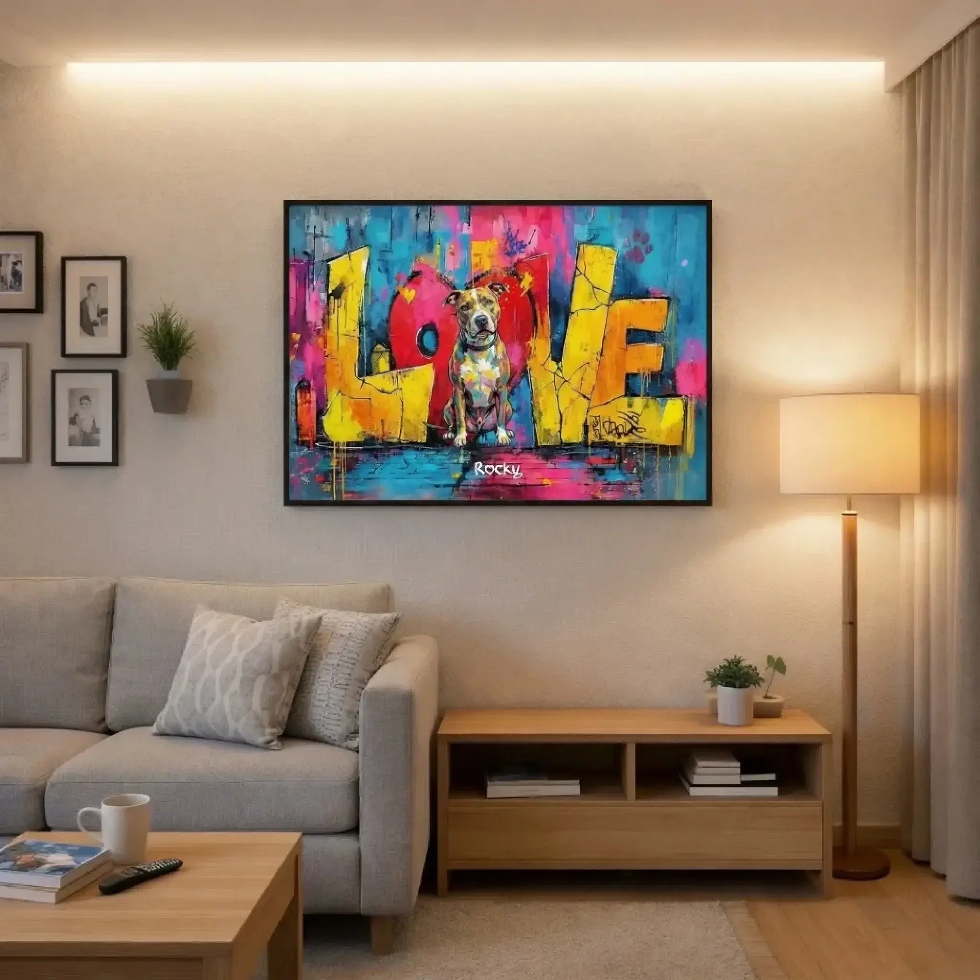 Personalisiertes Poster - "Love" in buntem Design, Hund im Wohnzimmer, ideales Kunstwerk für Hundebesitzer.
