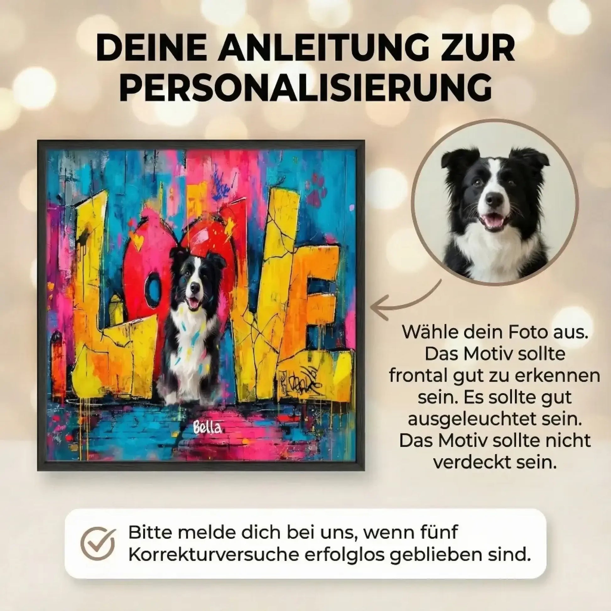 Personalisiertes Poster - "Love" mit Foto und Anleitung zur Personalisierung für Haustierbesitzer.