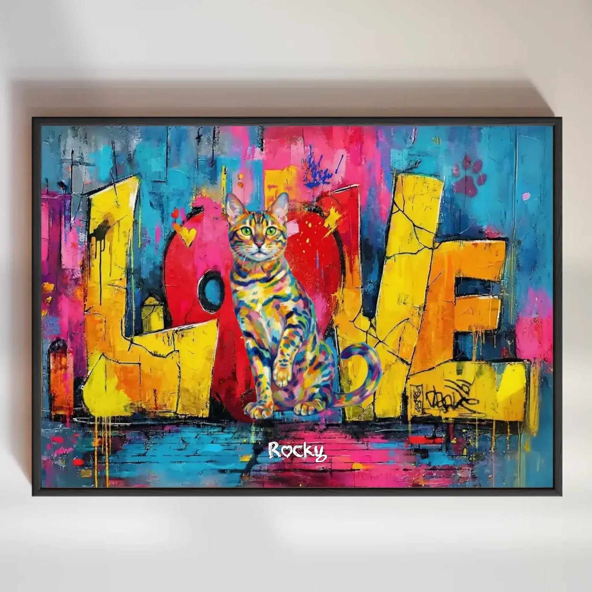 Personalisiertes Poster - "Love" Katzenbesitzer. Farbintensives Kunstwerk mit Katze und bunten Farben.
