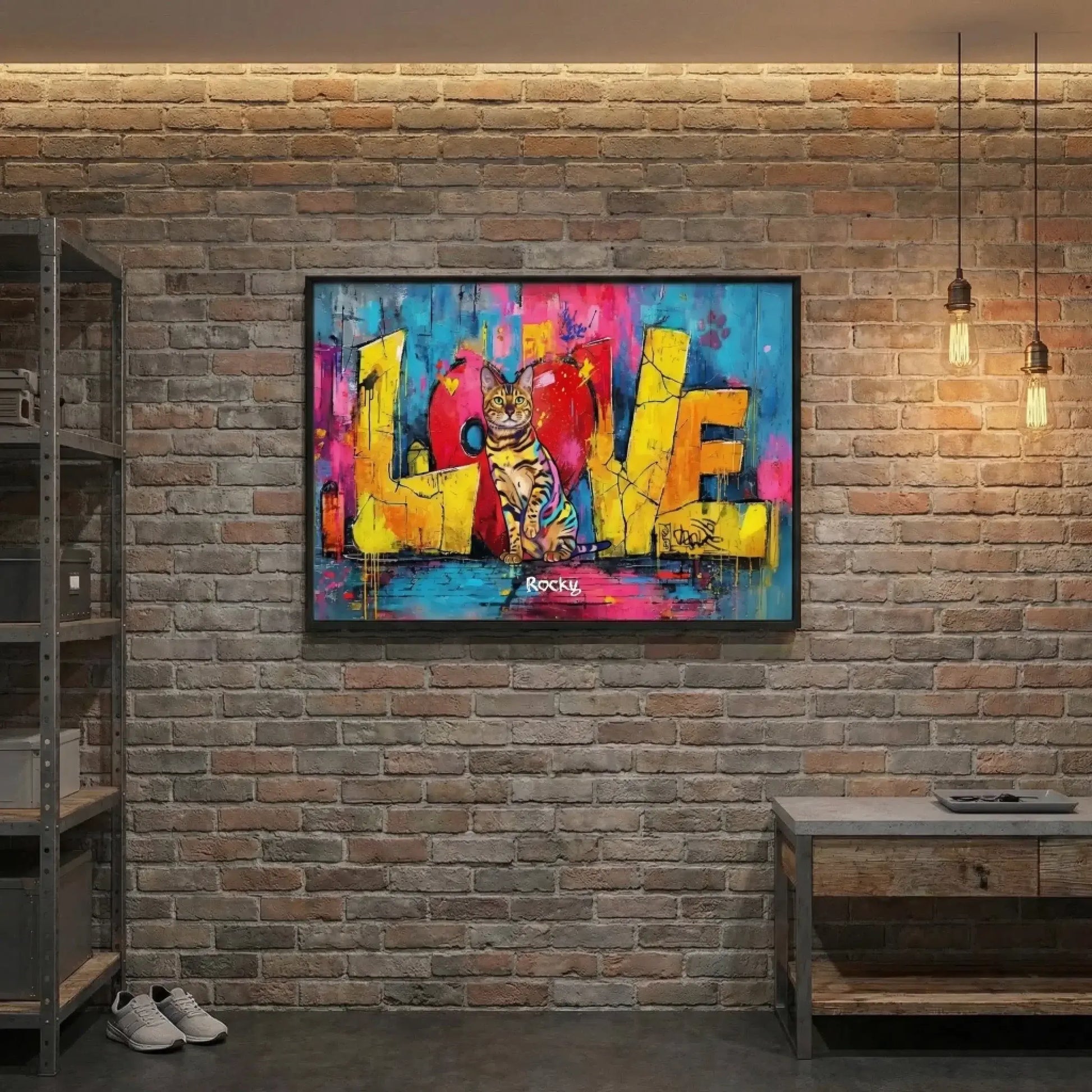 Personalisiertes Poster - "Love" Katzenbesitzer in stilvollem Raum mit buntem Kunstwerk.
