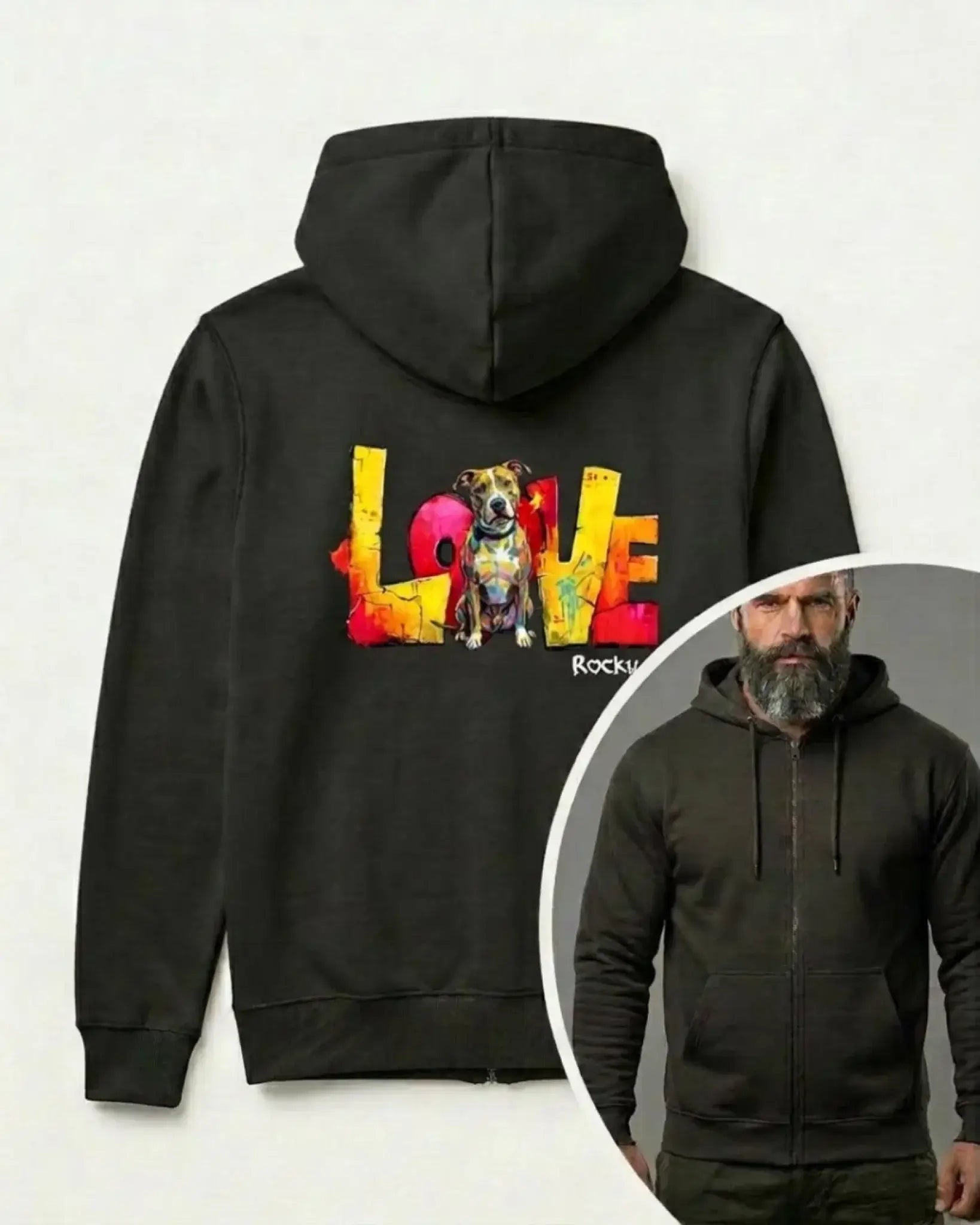 Personalisierter Zipper "Love" - Unisex mit buntem Hundemann-Design auf der Rückseite, ideal für Tierliebhaber.