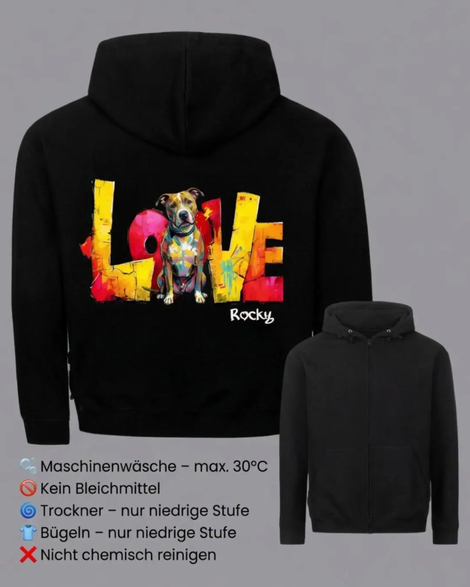 Personalisierter Zipper "Love" - Unisex mit einzigartigem Druck und Känguru-Tasche für Komfort.