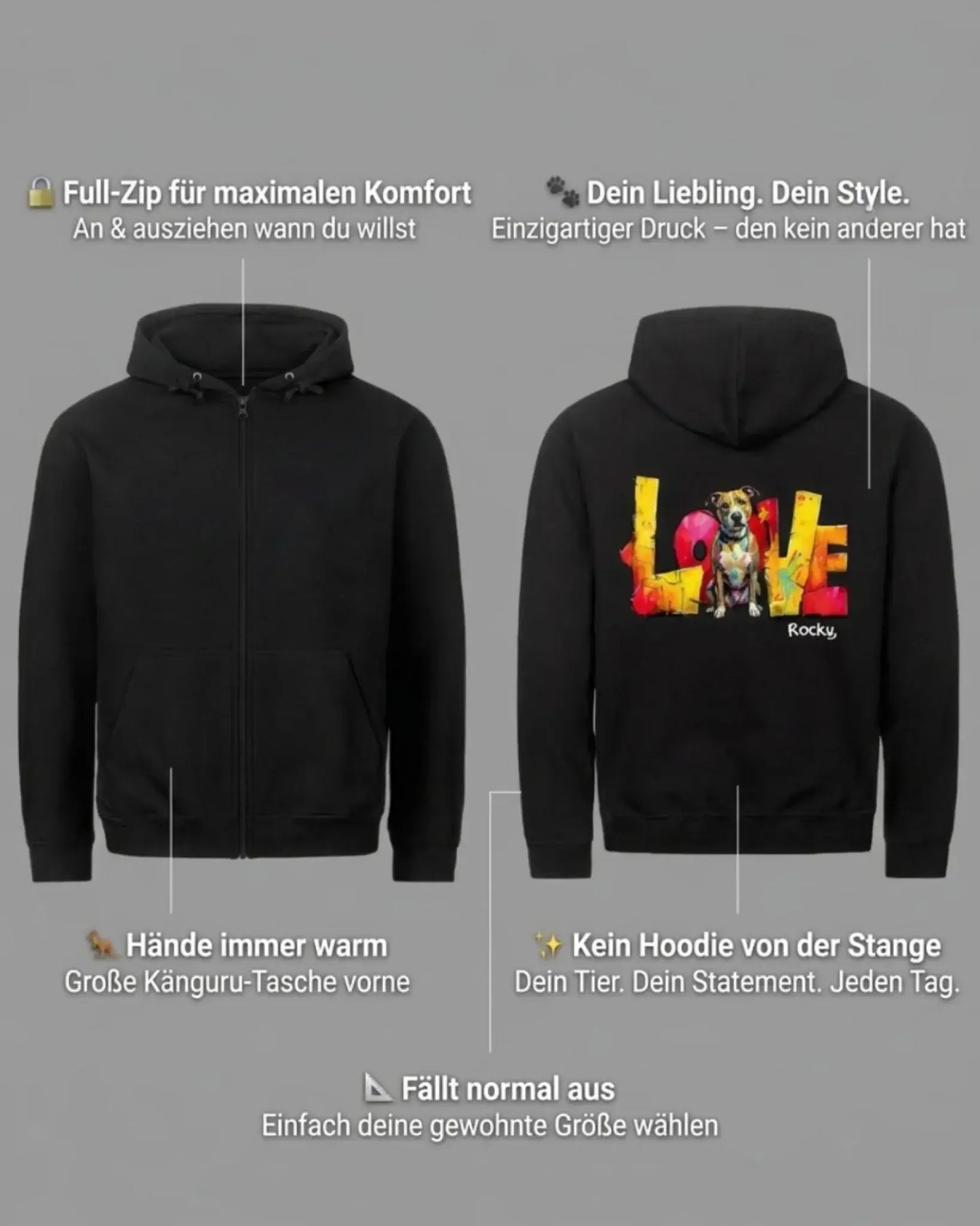 Personalisierter Zipper "Love" - Unisex mit einzigartigem Druck und Känguru-Tasche, ideal für Hundeliebhaber.