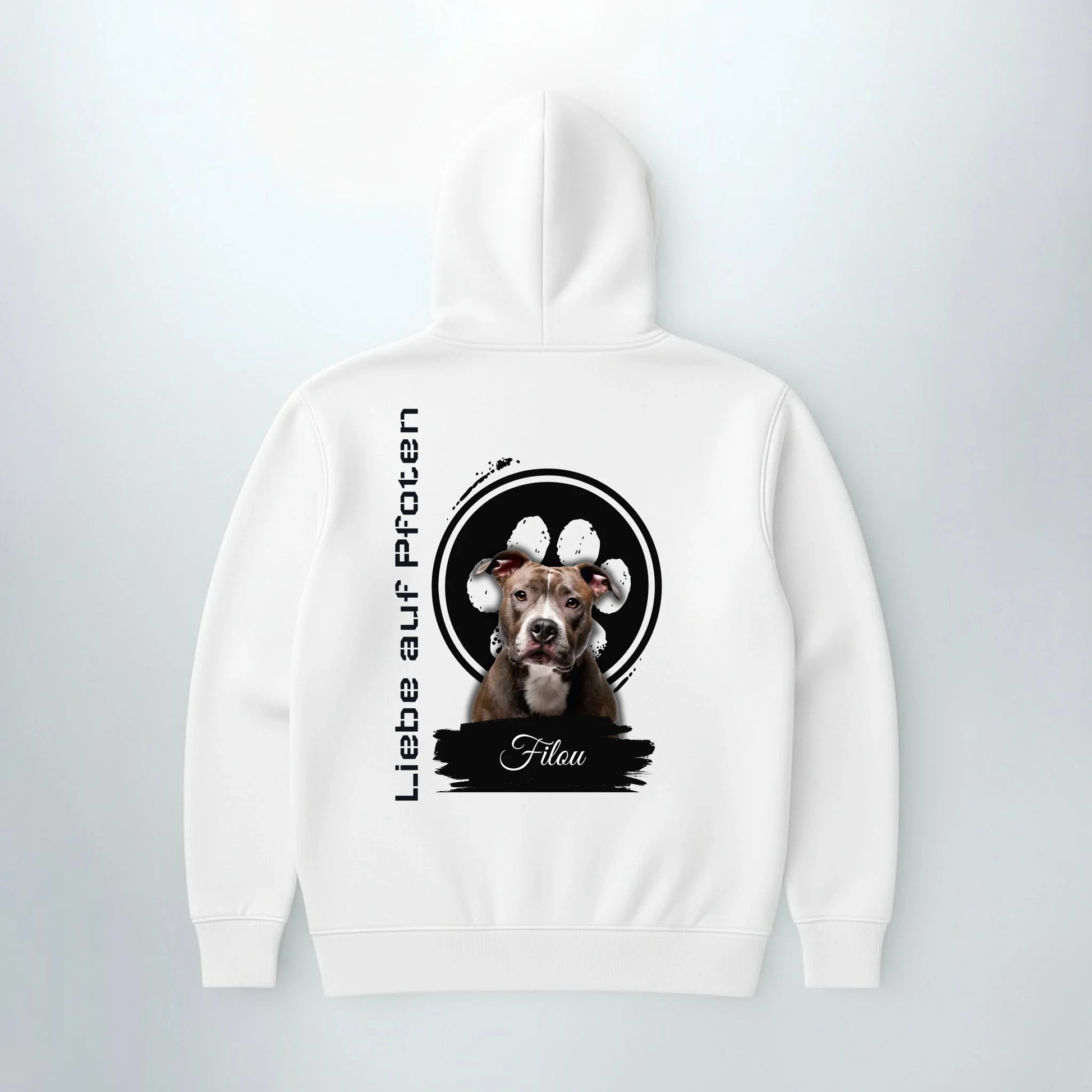 Personalisierter Hoodie Liebe auf Pfoten in Weiss, Rueckansicht