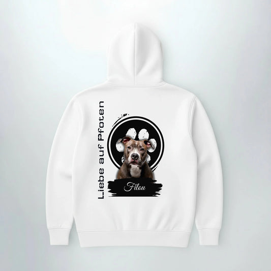 Personalisierter Hoodie Liebe auf Pfoten in Weiss, Rueckansicht