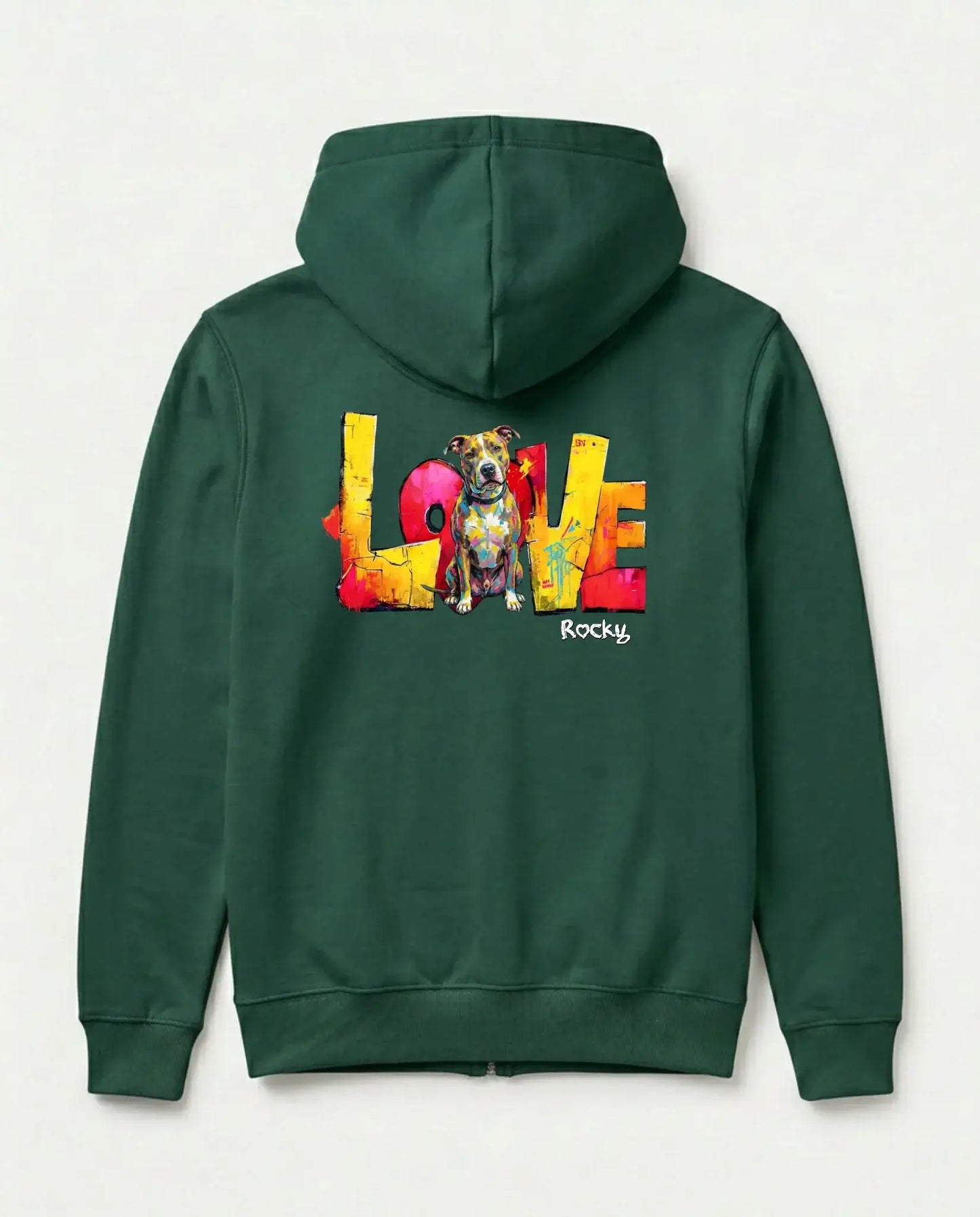 Personalisierter Zipper "Love" - Unisex mit buntem Hundedesign auf dem Rücken