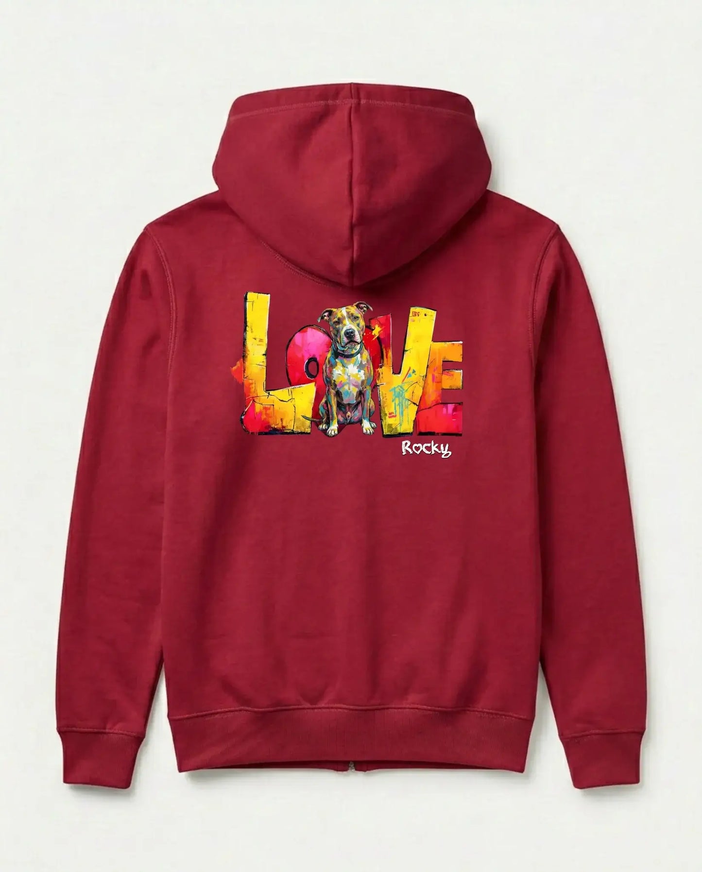 Personalisierter Zipper "Love" - Unisex mit buntem Hunde-Design und großem "Love"-Text auf rotem Hintergrund.