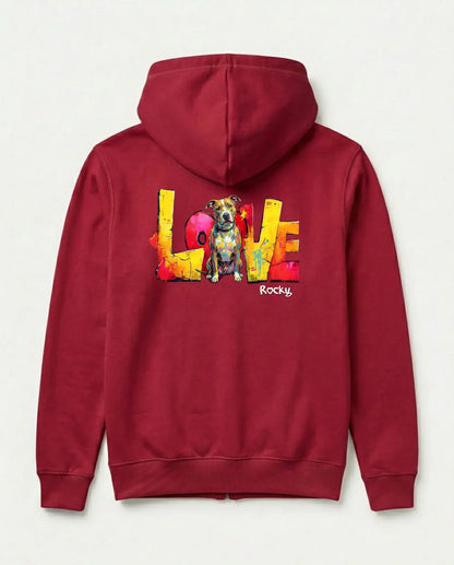 Personalisierter Zipper "Love" - Unisex mit buntem Hunde-Design und großem "Love"-Text auf rotem Hintergrund.