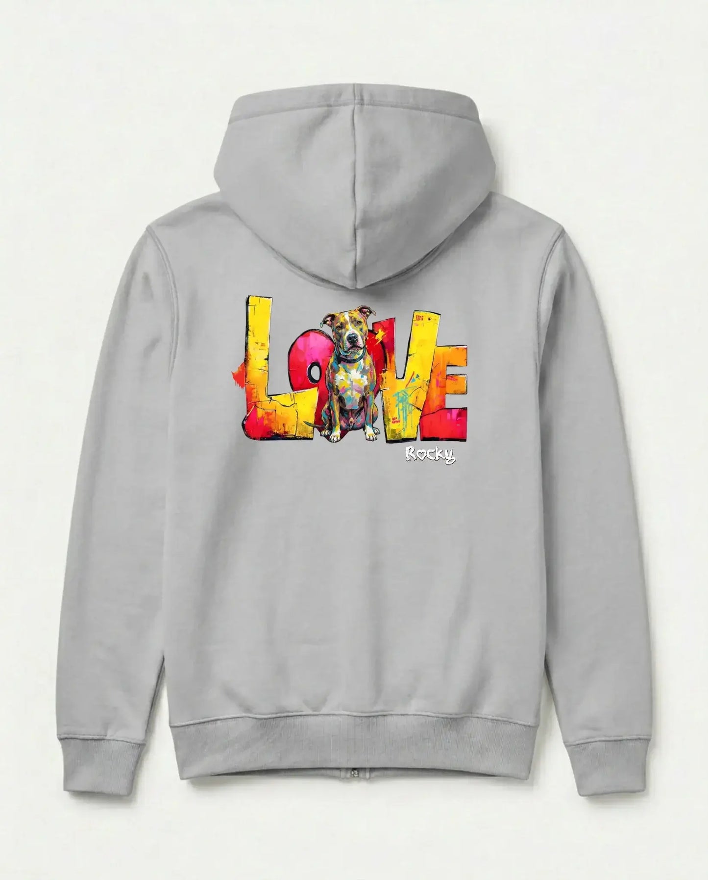 Personalisierter Zipper "Love" - Unisex mit farbenfrohem Druck eines Hundes und Liebe im Hintergrund.