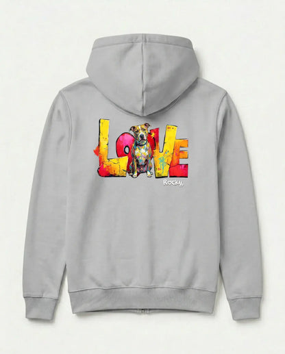 Personalisierter Zipper "Love" - Unisex mit farbenfrohem Druck eines Hundes und Liebe im Hintergrund.