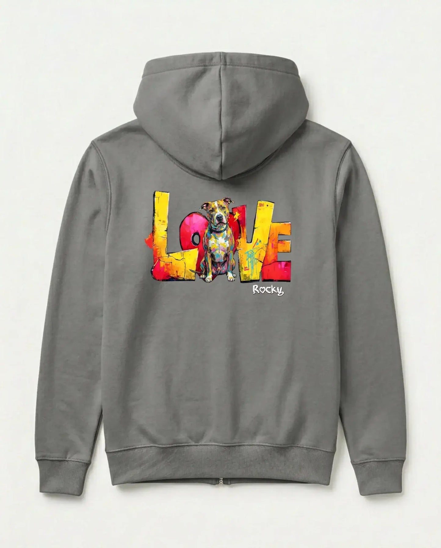 Personalisierter Zipper "Love" - Unisex in Grau mit buntem Hundemotiv und Schriftzug "Love".