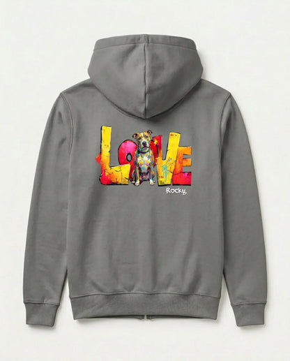 Personalisierter Zipper "Love" - Unisex in Grau mit buntem Hundemotiv und Schriftzug "Love".