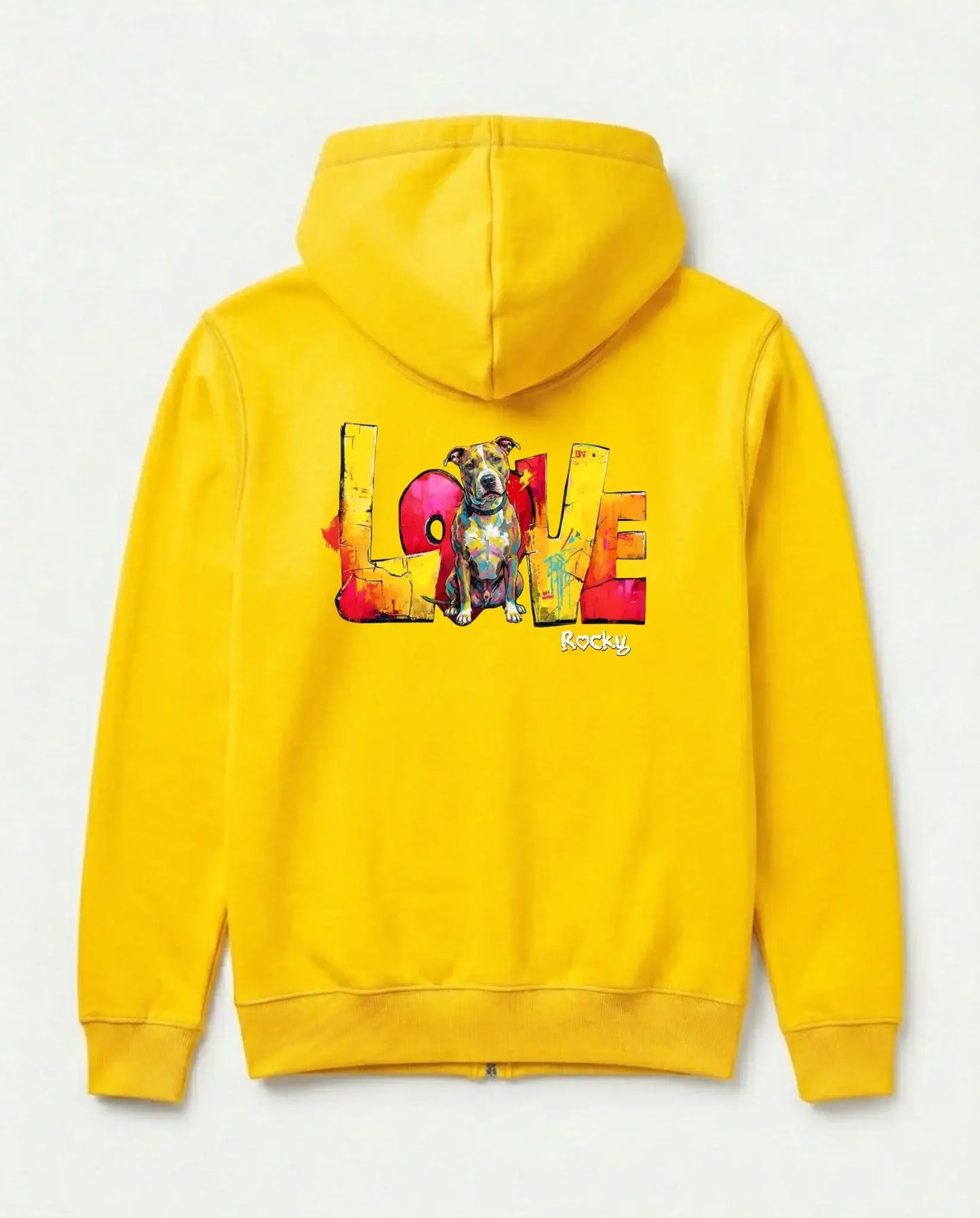 Personalisierter Zipper "Love" - Unisex in gelb mit Hundemotiv und einzigartigem Druck.