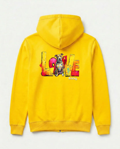 Personalisierter Zipper "Love" - Unisex in gelb mit Hundemotiv und einzigartigem Druck.