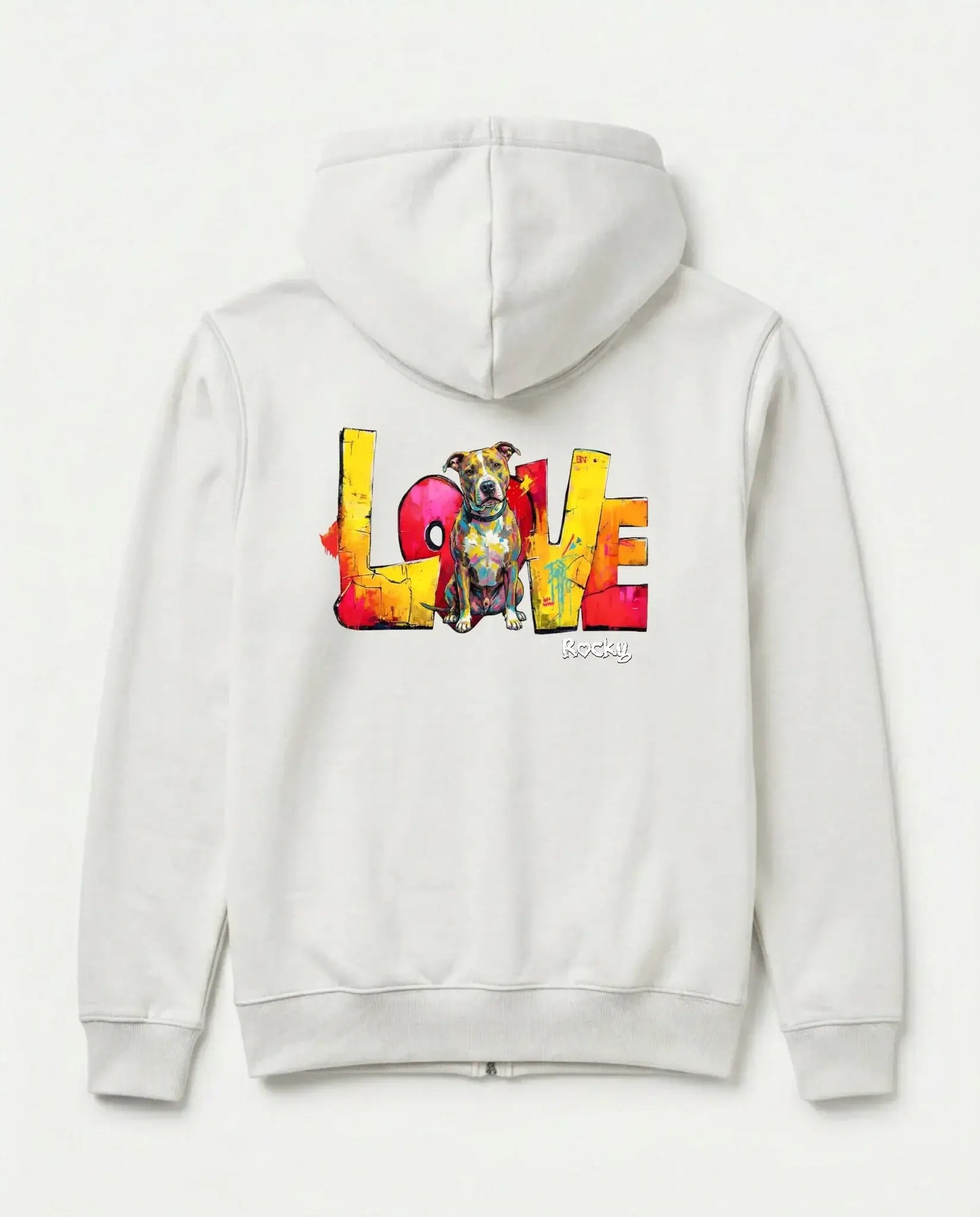 Personalisierter Zipper "Love" - Unisex mit buntem Design und Hundemotiv auf der Rückseite.