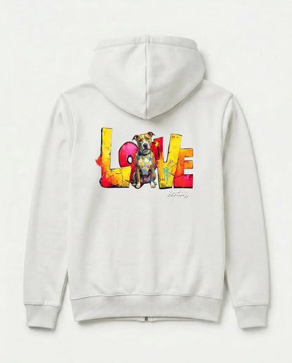 Personalisierter Zipper "Love" - Unisex mit buntem Design und Hundemotiv auf der Rückseite.