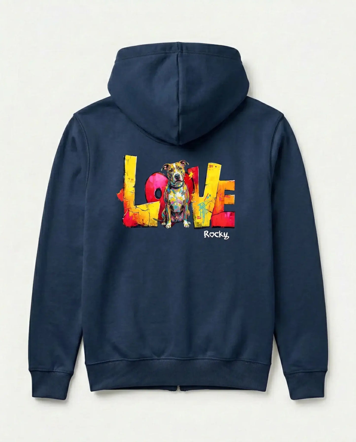 Personalisierter Zipper "Love" - Unisex mit buntem Druck und Hundemotiv auf der Rückseite.