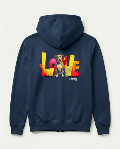 Personalisierter Zipper "Love" - Unisex mit buntem Druck und Hundemotiv auf der Rückseite.