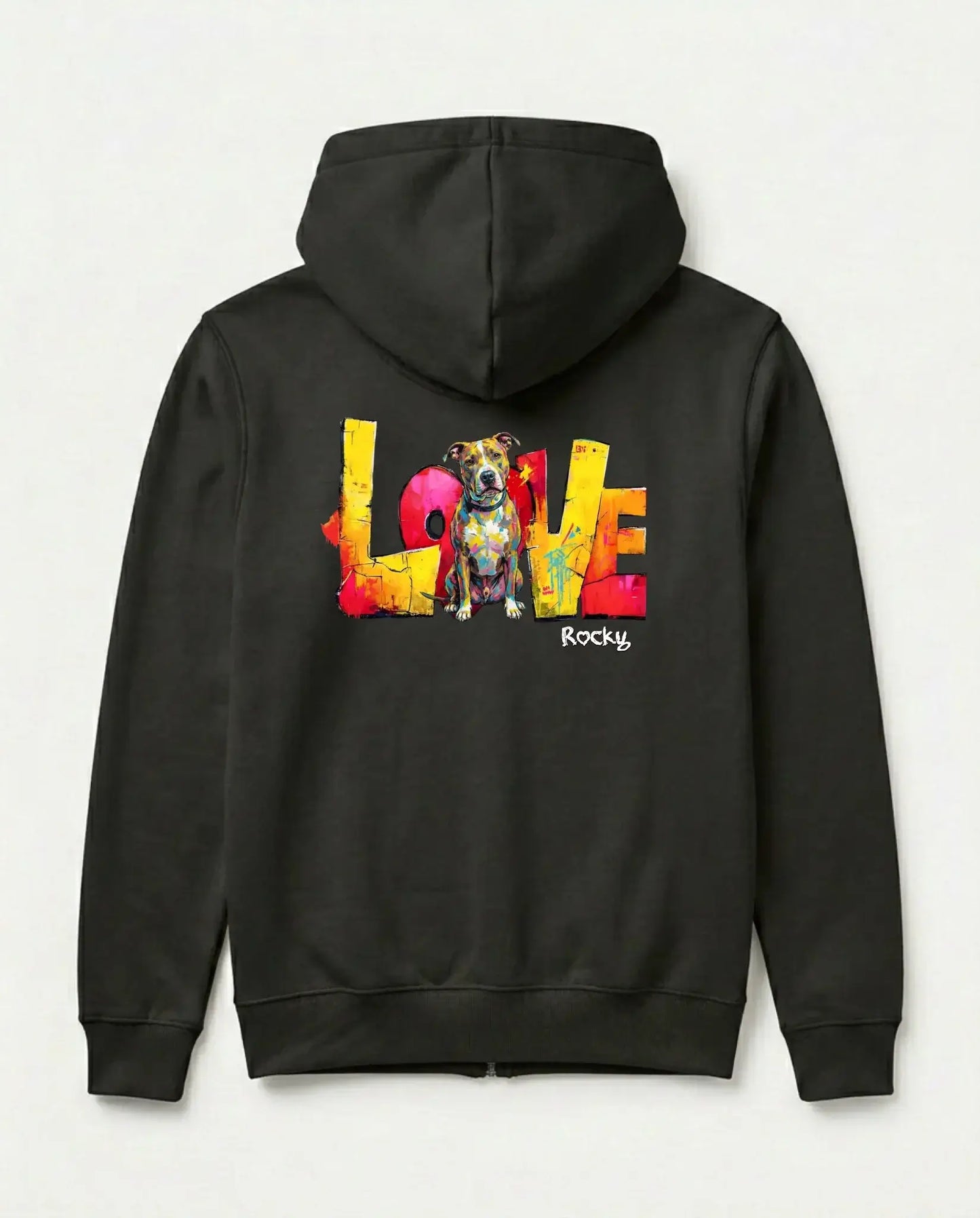Personalisierter Zipper "Love" - Unisex mit buntem Hundemotiv und Känguru-Tasche für maximalen Komfort.