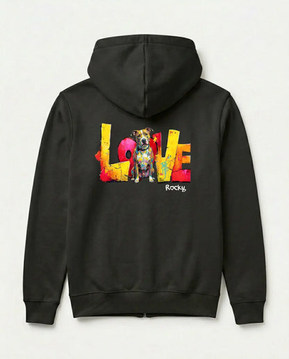 Personalisierter Zipper "Love" - Unisex mit buntem Hundemotiv und Känguru-Tasche für maximalen Komfort.