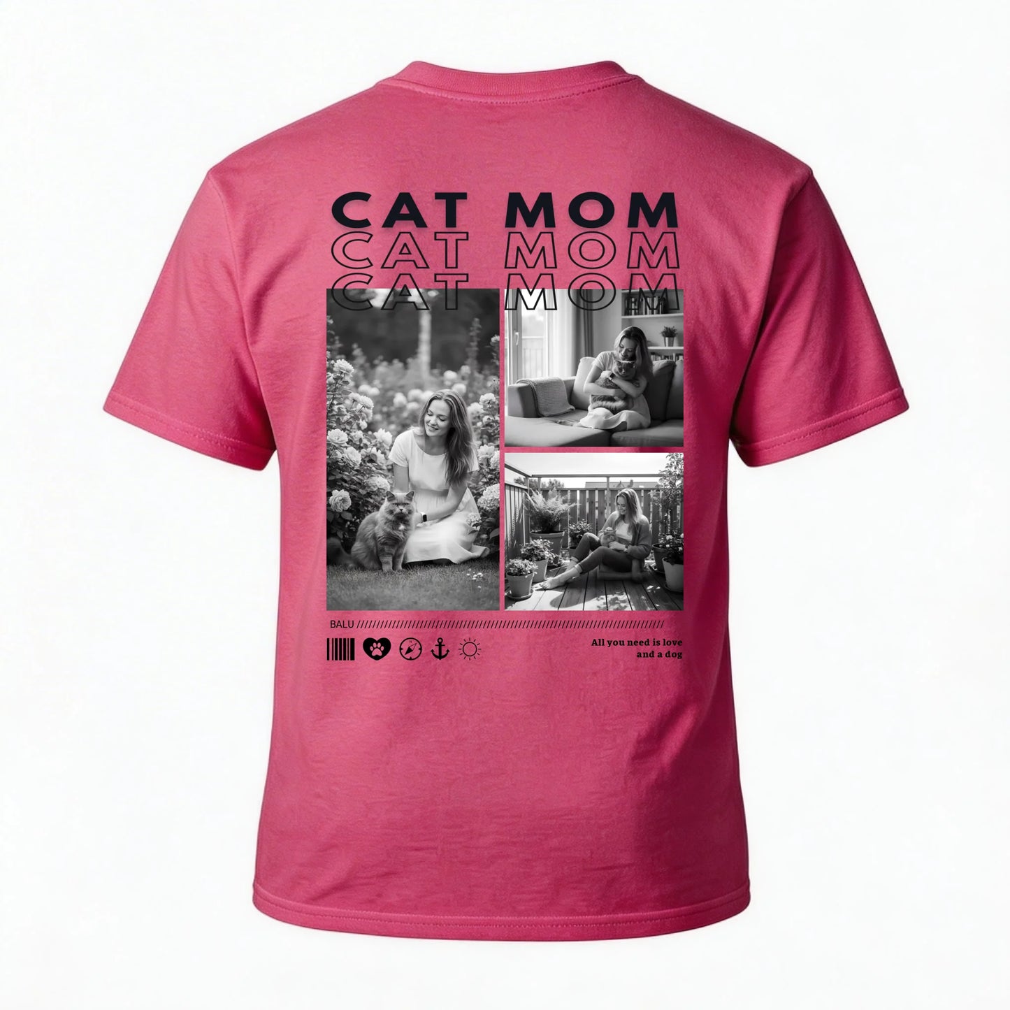 Rückansicht des personalisierten T-Shirts "CAT MOM" mit persönlichen Fotos und Schriftzug.
