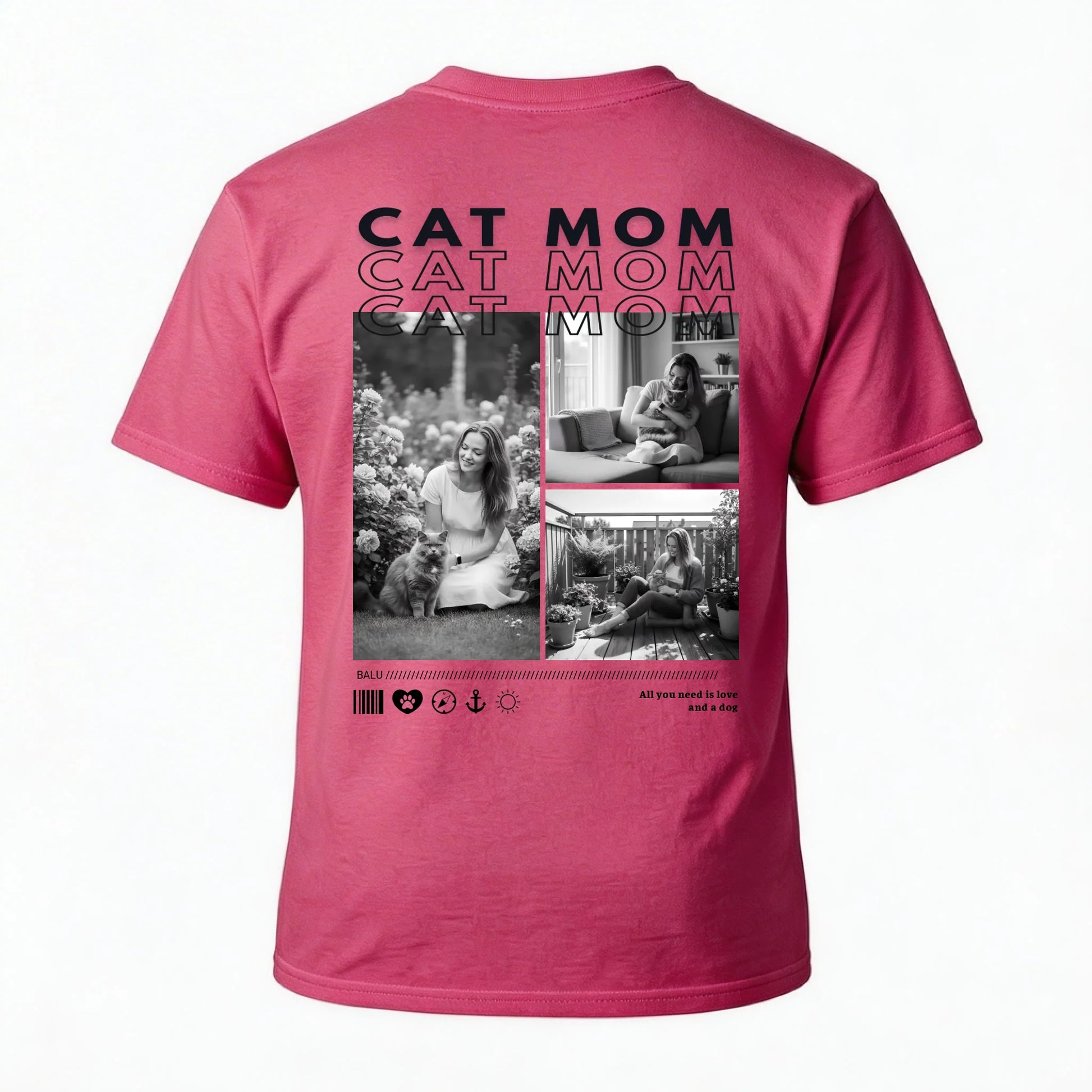 Rückansicht des personalisierten T-Shirts "CAT MOM" mit persönlichen Fotos und Schriftzug.