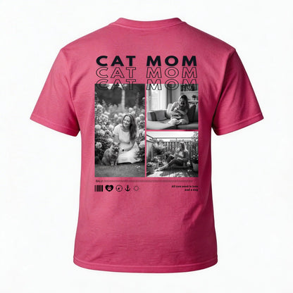 Rückansicht des personalisierten T-Shirts "CAT MOM" mit persönlichen Fotos und Schriftzug.