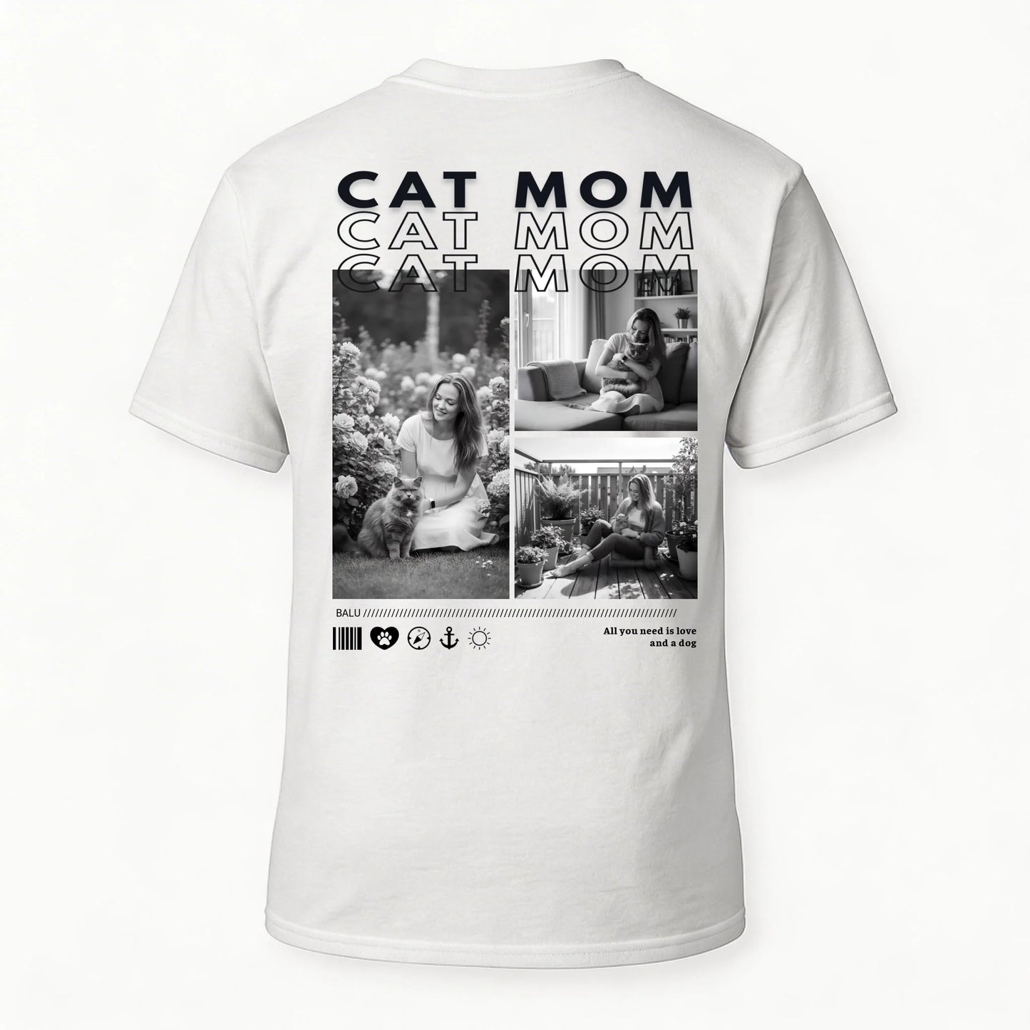 Personalisiertes T-Shirt "CAT MOM" mit Fotos und Druck auf der Rückseite in Weiß.