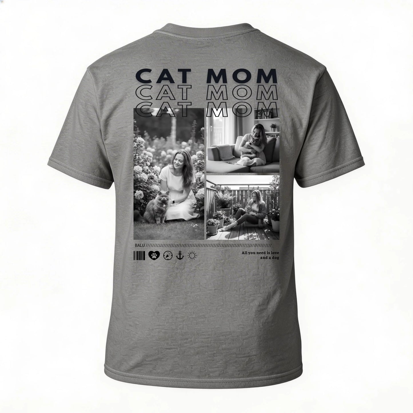 Personalisiertes T-Shirt "CAT MOM" mit Bildern und personalisiertem Text auf der Rückseite.