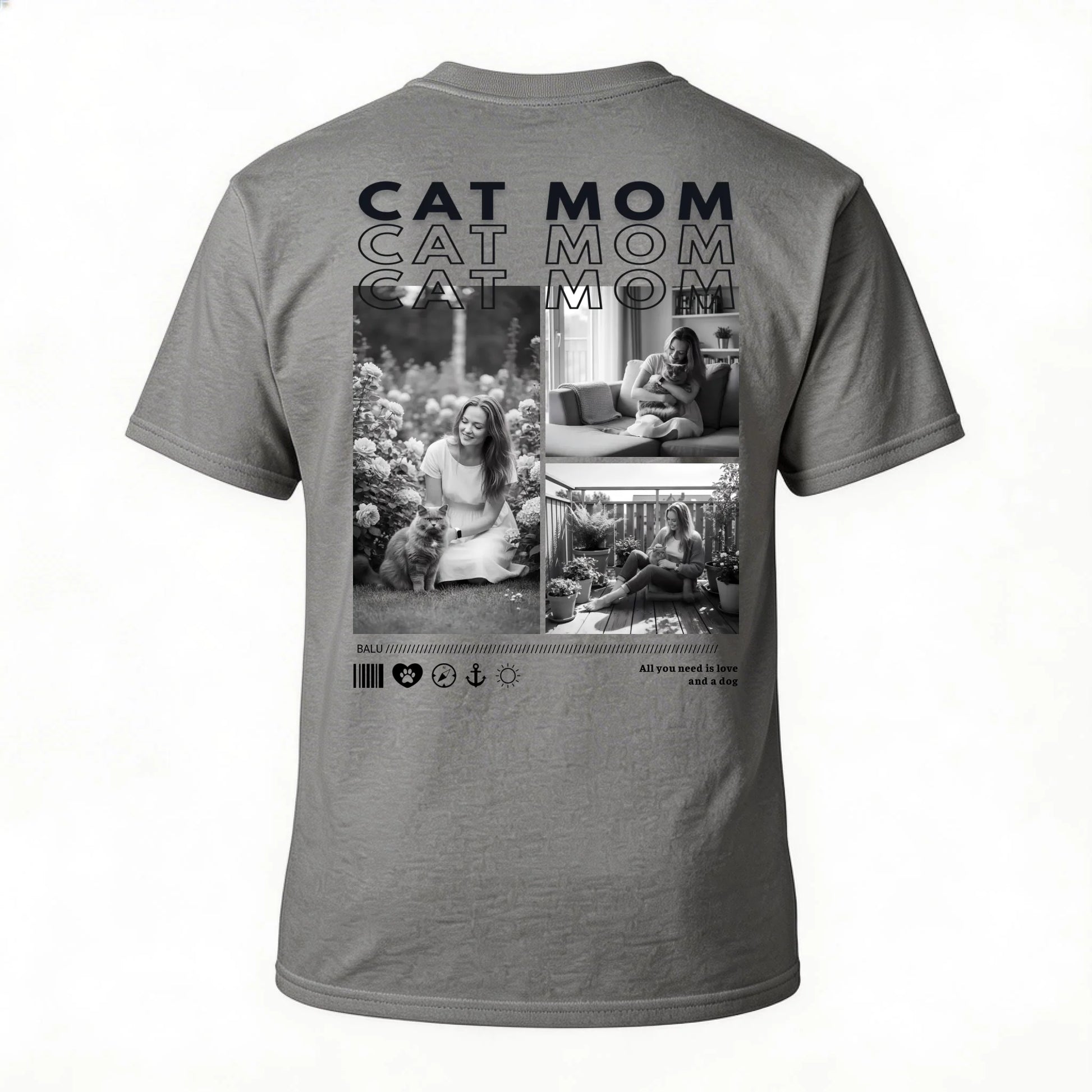 Personalisiertes T-Shirt "CAT MOM" mit Bildern und personalisiertem Text auf der Rückseite.