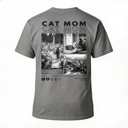 Personalisiertes T-Shirt "CAT MOM" mit Bildern und personalisiertem Text auf der Rückseite.