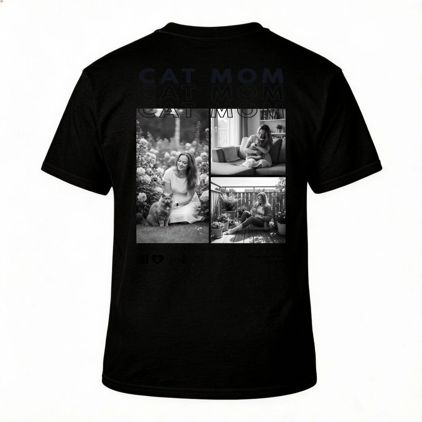 Personalisiertes T-Shirt "CAT MOM" mit persönlichen Fotos auf der Rückseite, ideal als Geschenk oder für dich selbst.