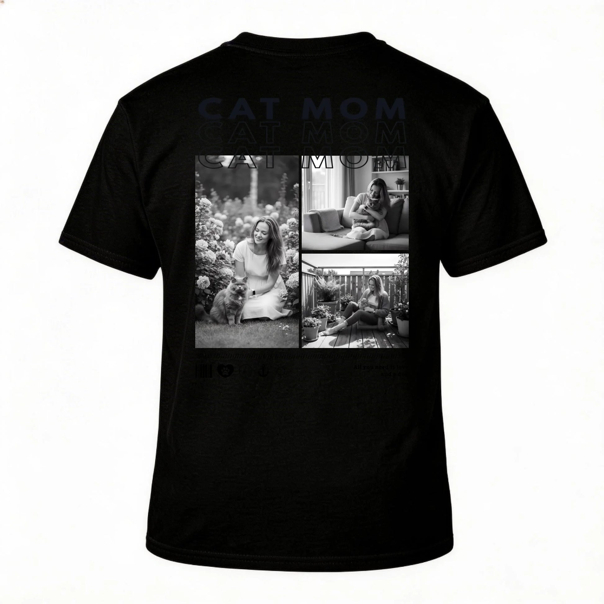 Personalisiertes T-Shirt "CAT MOM" mit persönlichen Fotos auf der Rückseite, ideal als Geschenk oder für dich selbst.