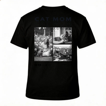 Personalisiertes T-Shirt "CAT MOM" mit persönlichen Fotos auf der Rückseite, ideal als Geschenk oder für dich selbst.