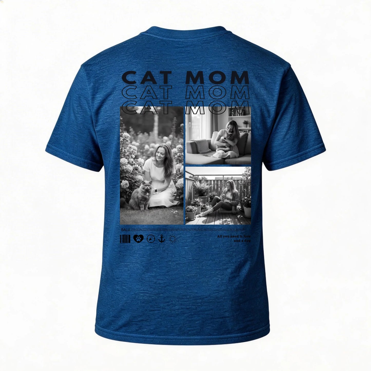 Personalisiertes T-Shirt "CAT MOM" mit individuellen Fotos und schriftlichem Design auf der Rückseite.