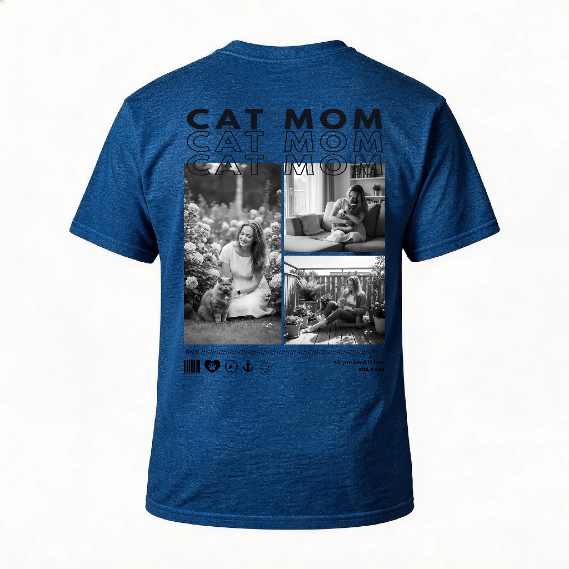 Personalisiertes T-Shirt "CAT MOM" mit individuellen Fotos und schriftlichem Design auf der Rückseite.