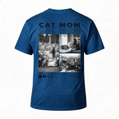 Personalisiertes T-Shirt "CAT MOM" mit individuellen Fotos und schriftlichem Design auf der Rückseite.