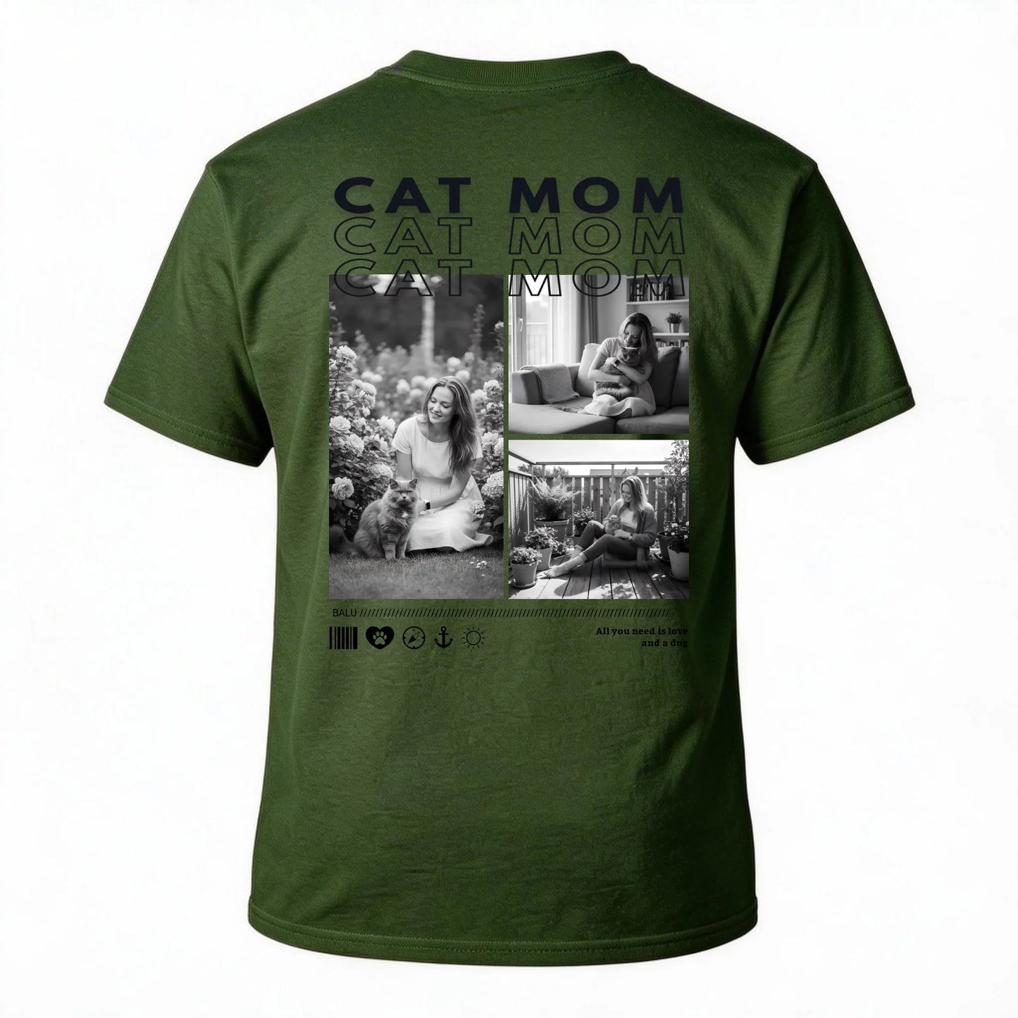Personalisiertes T-Shirt "CAT MOM" mit Fotos und Druck auf der Rückseite in Olivgrün.