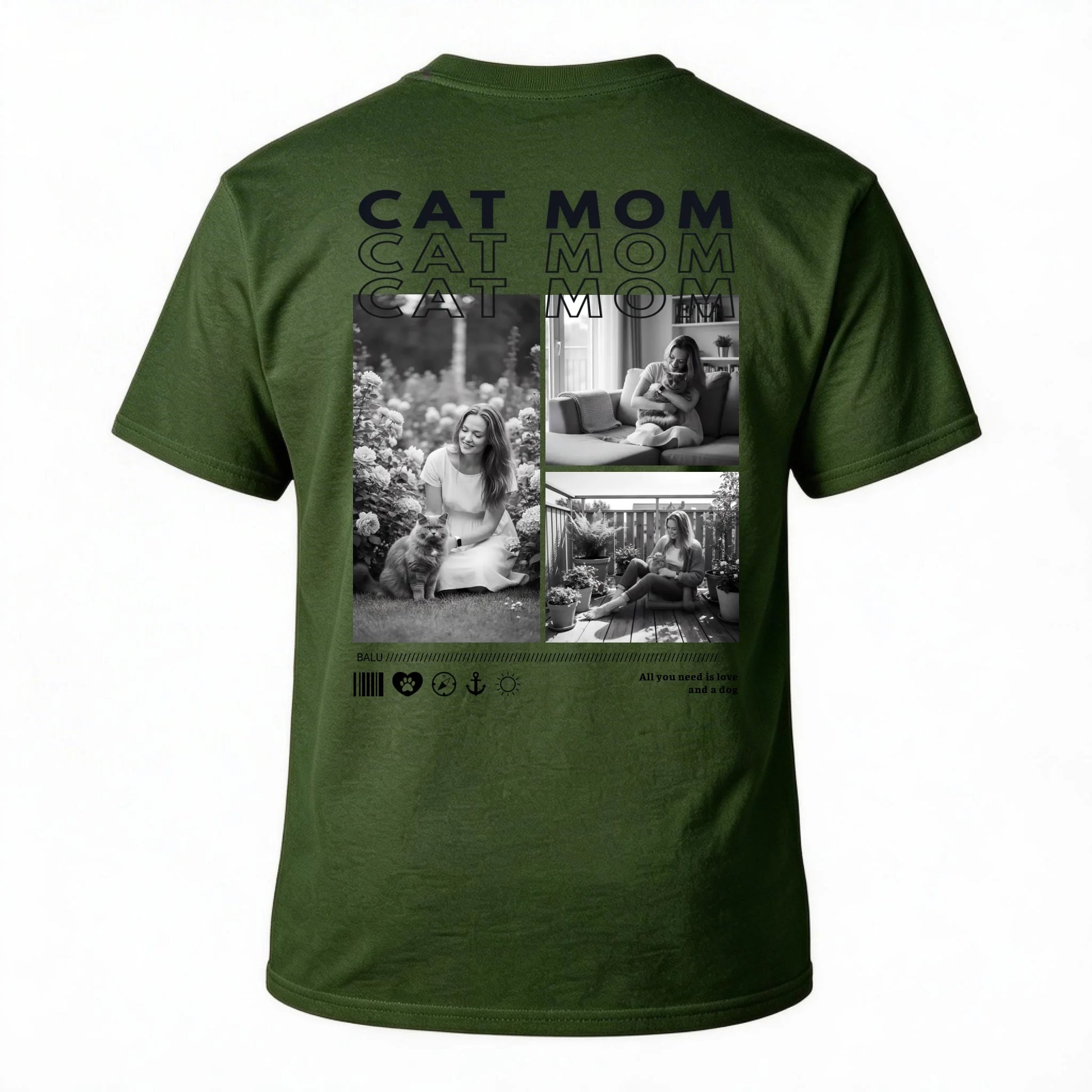 Personalisiertes T-Shirt "CAT MOM" mit Fotos und Druck auf der Rückseite in Olivgrün.