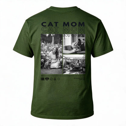 Personalisiertes T-Shirt "CAT MOM" mit Fotos und Druck auf der Rückseite in Olivgrün.