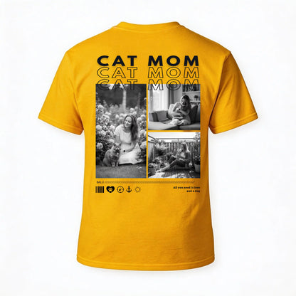 Personalisiertes T-Shirt 'CAT MOM' mit Fotos und Botschaft auf der Rückseite, in Gelb.