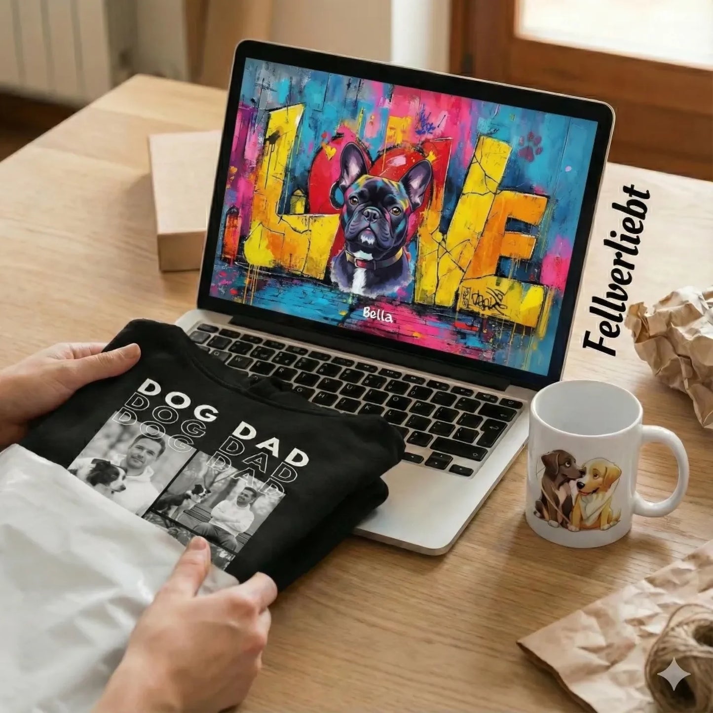 Personalisiertes T-Shirt "CAT MOM" in einem geschenkfertigen Paket neben einem Laptop und einer Tasse.