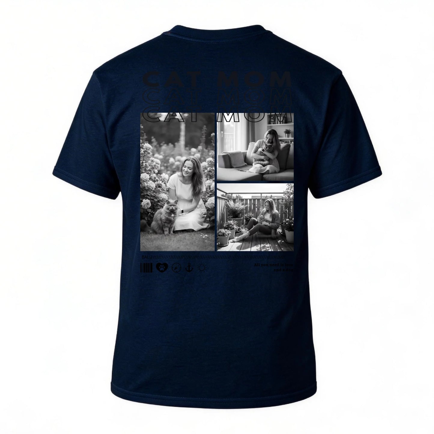 Personalisiertes T-Shirt "CAT MOM" mit individuellen Fotos auf der Rückseite für Katzenliebhaber.